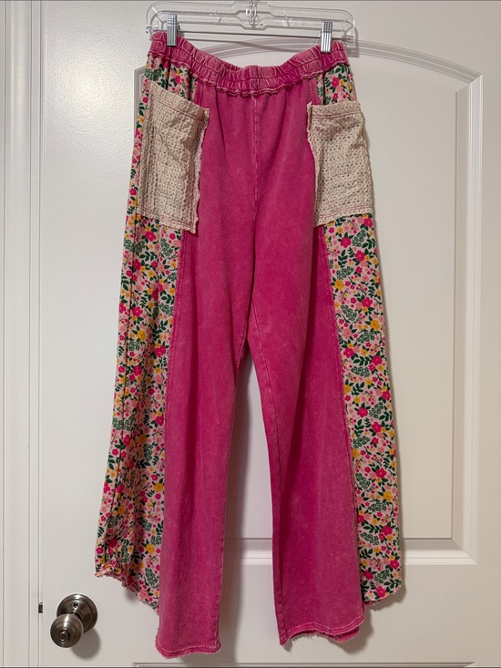 JHer Pants - Boho Wide-Leg Floral Panel Pink Pants with Pockets